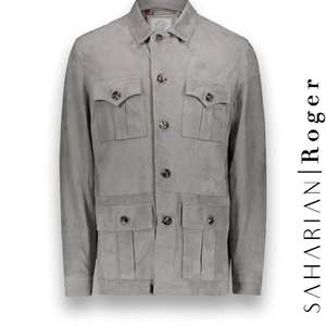 veste suède Saharienne gris clair Roger costume privé paris fabrication sur mesure Italie